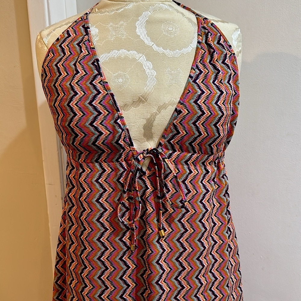 Karina Grimaldi Chevron Halter Knit Deep V Backless Lined Long Dress XS NWT